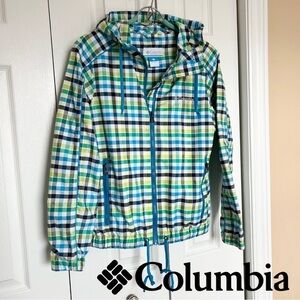 Columbia Colourful Plaid Lightweight Windbreaker Jacket with Hood Size Small